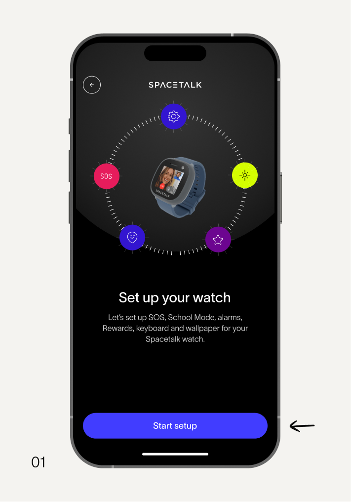 Smartphone displaying the Spacetalk app setup screen with a smartwatch image, settings icons, and a "Start setup" button.