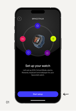 Smartphone displaying the Spacetalk app setup screen with a smartwatch image, settings icons, and a "Start setup" button.