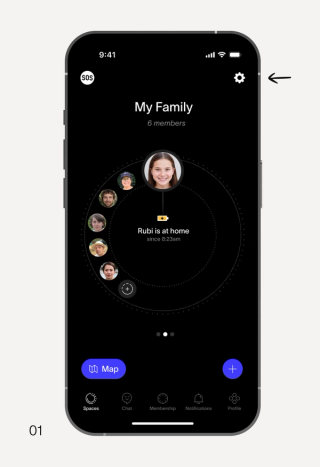 A smartphone screen displaying a dark-themed family tracking app, showing "My Family" with 6 members, Rubi's central profile with location and battery status, and five other family members' profiles.