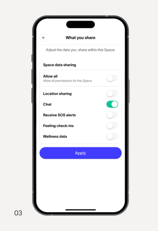 A mobile app screen titled "What you share" showing toggles for data sharing preferences, with "Chat" enabled.