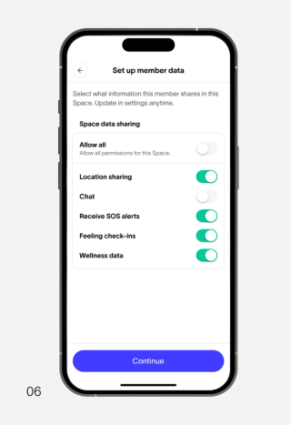 A smartphone screen showing data sharing settings titled "Set up member data," with toggle switches for permissions like location, chat, and wellness data, and a "Continue" button.
