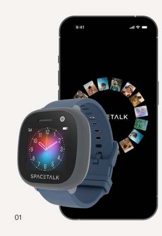 A blue SPACETALK smartwatch with a colorful clock face in front of a smartphone displaying a semi-circle of photos and the SPACETALK logo.
