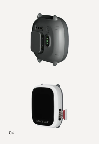 Two views of a Spacetalk device: the grey back with an open internal compartment, and the white front with a black screen and partially ejected SIM card.