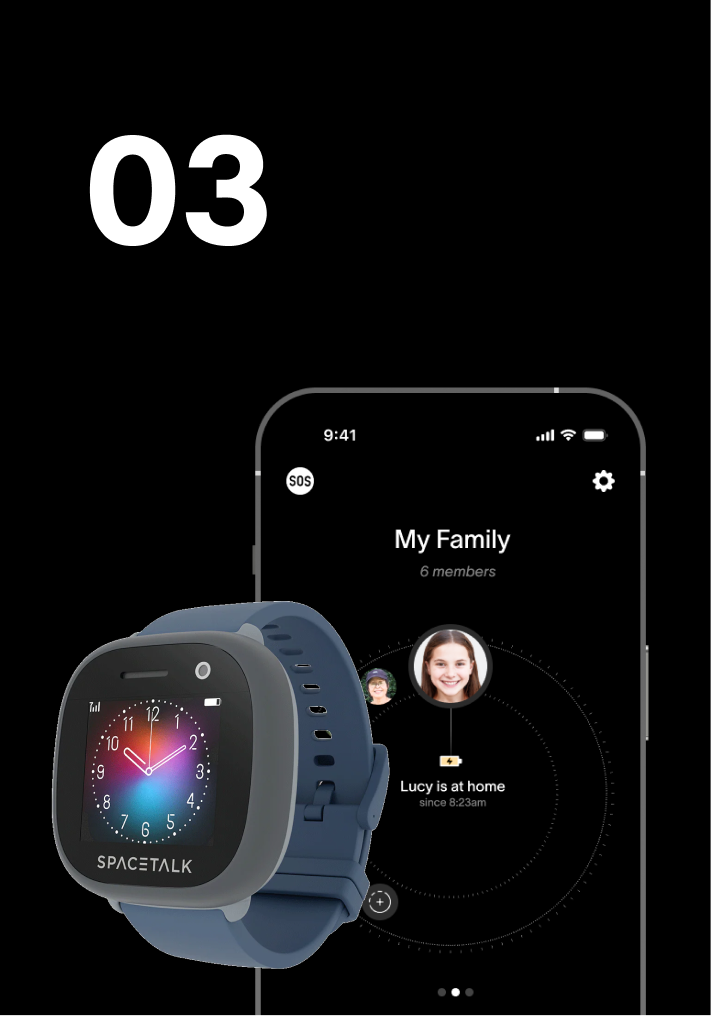 A Spacetalk smartwatch with a blue band is shown next to a smartphone displaying a "My Family" app with profiles and location tracking.