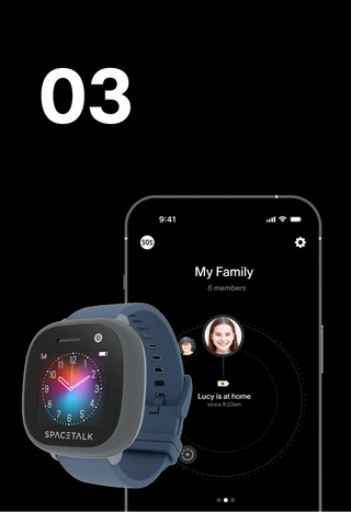A Spacetalk smartwatch with a blue band is shown next to a smartphone displaying a "My Family" app with profiles and location tracking.