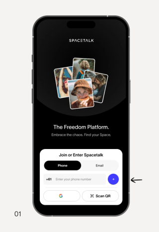 A black smartphone displaying the Spacetalk app's welcome screen with a photo collage, "The Freedom Platform" tagline, and a login form for phone number, email, Google, or QR.