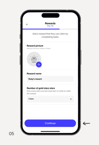 A smartphone displays a "Rewards" setup screen (Step 4/6) with fields to define a reward: an image upload, reward name (currently 'Ruby's reward'), and number of stars required (set to '3 stars'). A 'Continue' button is at the bottom.