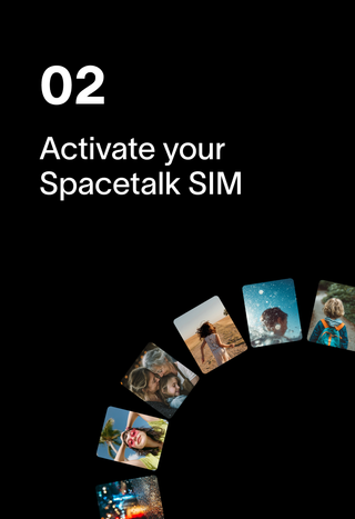 Text "02 Activate your Spacetalk SIM" above a semi-circle of diverse lifestyle photos.