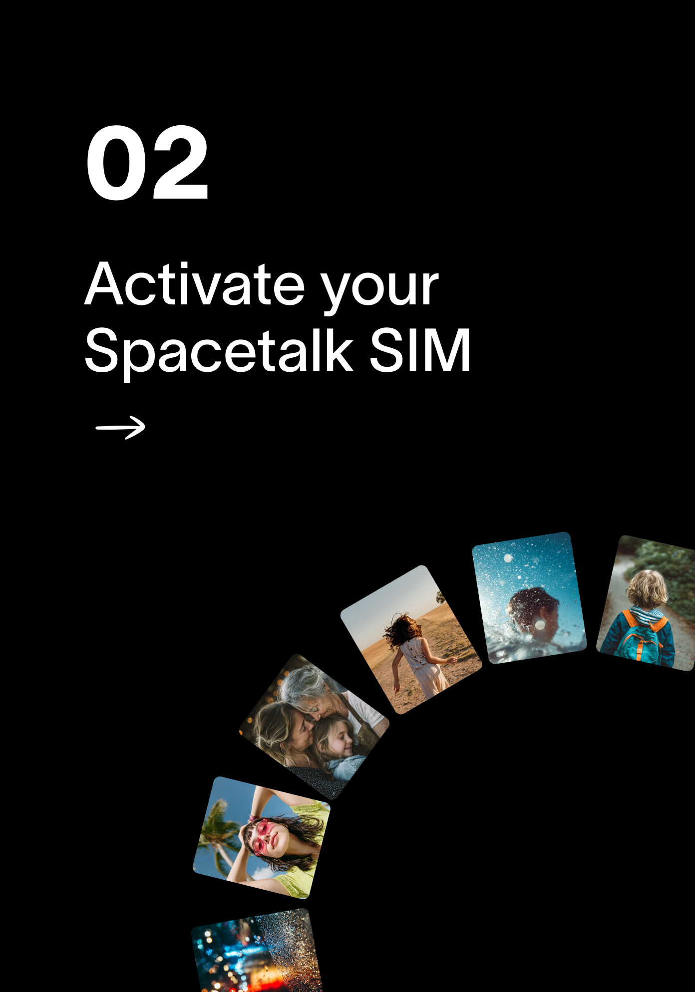 Text "02 Activate your Spacetalk SIM" with an arrow, next to a collage of diverse lifestyle photos showing people of different ages.