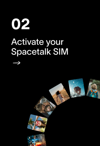 Text "02 Activate your Spacetalk SIM" with an arrow, next to a collage of diverse lifestyle photos showing people of different ages.
