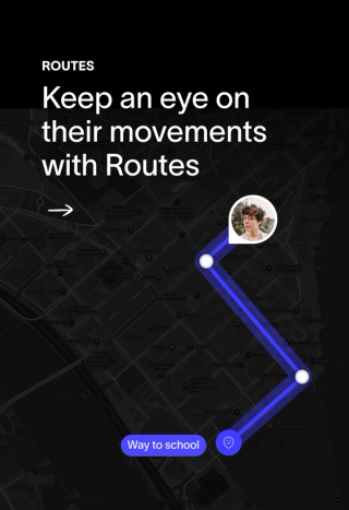 Dark map displaying a blue route with a person's profile picture and "Way to school" label. Text: "Keep an eye on their movements with Routes."