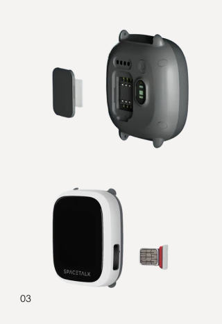 Exploded view of a Spacetalk device, showing its back with open dual SIM card slots and a separate SIM card next to its front.