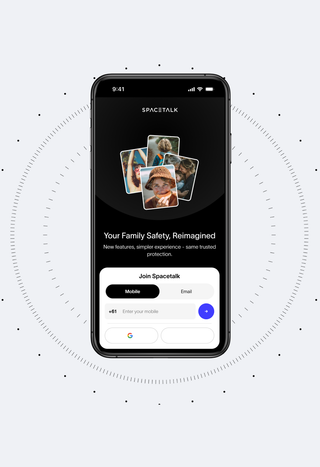 A black smartphone shows the Spacetalk app with family photos and a safety message on a patterned grey background.