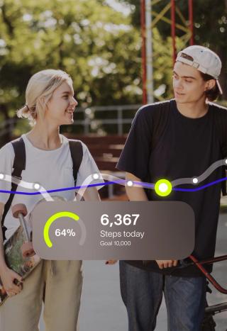 Two young people walk outdoors, overlaid with a fitness app displaying 6,367 steps completed, 64% of a 10,000 step goal, and a progress graph.