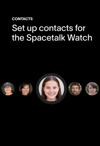 Screen displaying "CONTACTS: Set up contacts for the Spacetalk Watch" above five circular profile photos of diverse individuals, with a smiling young girl in the center being the largest.