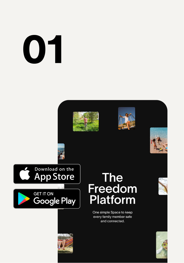 01. "The Freedom Platform" app interface featuring family photos, described as "One simple Space to keep every family member safe and connected," with App Store and Google Play download buttons.