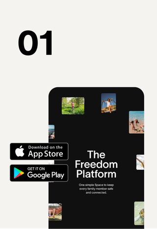 01. "The Freedom Platform" app interface featuring family photos, described as "One simple Space to keep every family member safe and connected," with App Store and Google Play download buttons.
