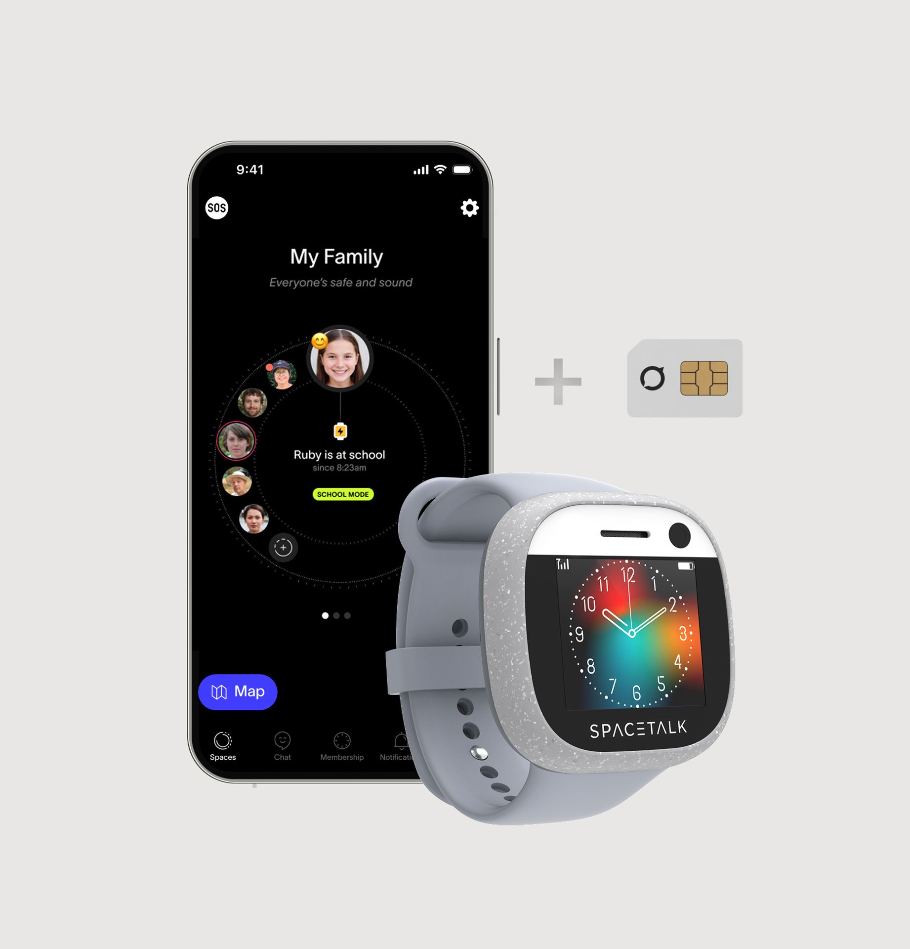 A smartphone displaying a family safety app, a Spacetalk smartwatch, and a SIM card.