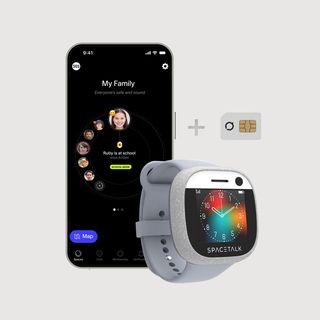 A smartphone displaying a family safety app, a Spacetalk smartwatch, and a SIM card.