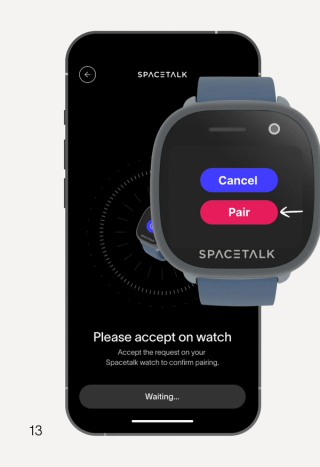 A smartphone displays a Spacetalk pairing screen while a Spacetalk smartwatch shows "Cancel" and "Pair" buttons, with an arrow pointing to "Pair."