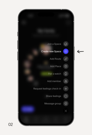 A smartphone screen shows an app menu with "Create new Space" highlighted and an arrow pointing to it.