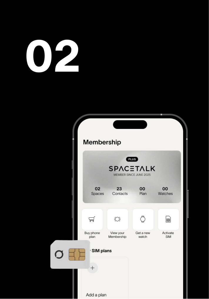 Large "02" above a smartphone displaying a "SPACETALK" membership app screen, with a SIM card next to it.