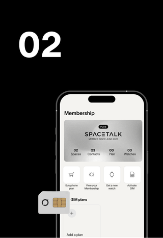 Large "02" above a smartphone displaying a "SPACETALK" membership app screen, with a SIM card next to it.