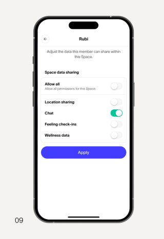 A smartphone displays a data sharing settings screen for "Rubi", with various permissions and toggles, and an "Apply" button.