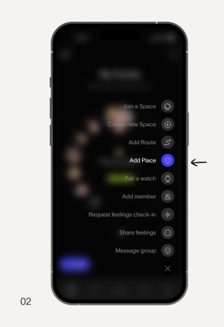 A smartphone screen showing a dark menu, with "Add Place" highlighted in blue with a smiley face icon and an arrow pointing to it.