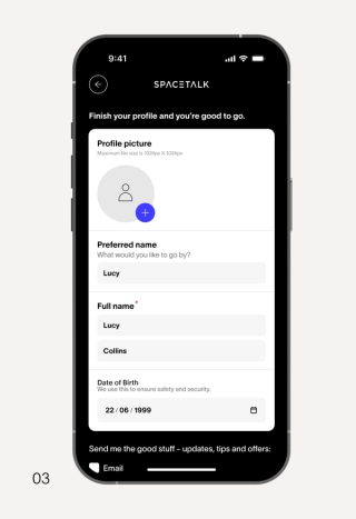 A smartphone screen displays the SPACETALK app's profile completion form, showing fields for profile picture, preferred name (Lucy), full name (Lucy Collins), and date of birth (22/06/1999).