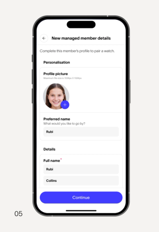 A smartphone screen showing an app interface for adding new member details. Fields include a profile picture of a smiling girl, preferred name "Rubi," and full name "Rubi Collins," with a "Continue" button.