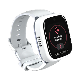 a white spacetalk watch displays a message that says send my location