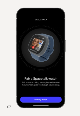 A smartphone displaying a profile screen for "Lucy Collins" with managed members and a paired watch, on a light grey background with a circular dotted pattern.