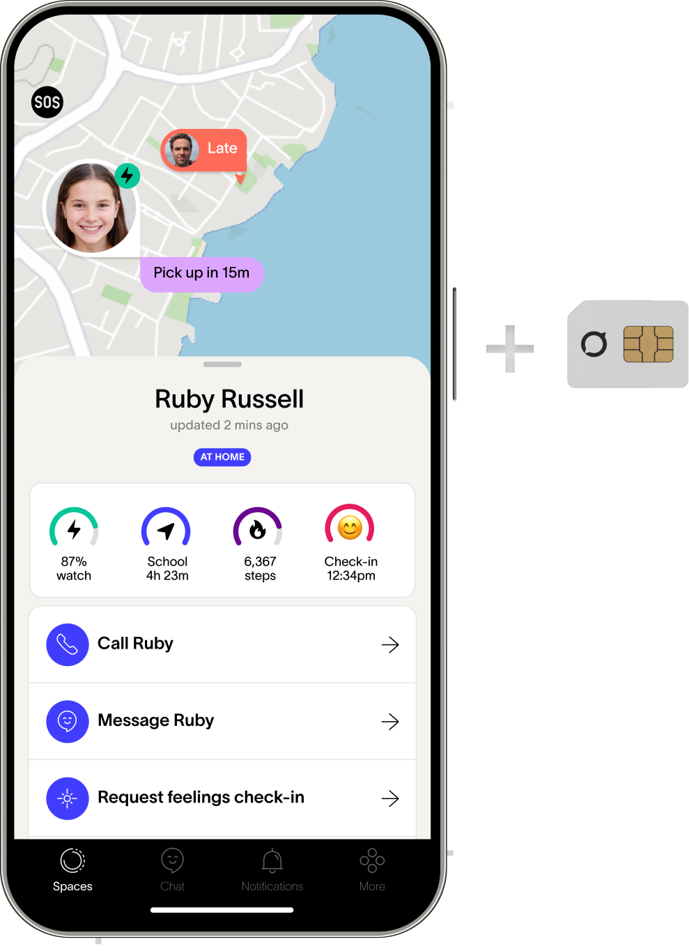A smartphone displays a child safety app showing a map with "Ruby Russell" at home, a "Late" contact, and a "Pick up in 15m" notification, alongside her activity stats and contact options. Next to the phone is a plus sign and a SIM card.