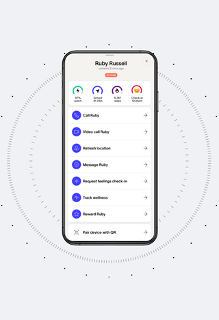 A smartphone displays a child monitoring app for Ruby Russell, showing activity stats, location, and communication options.