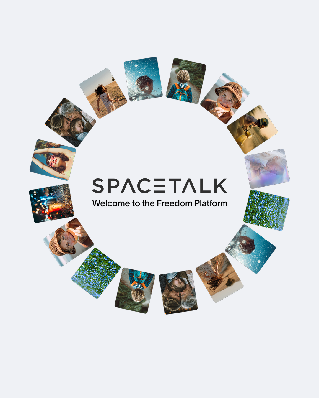 "SPACETALK Welcome to the Freedom Platform" text surrounded by a circular collage of diverse lifestyle photos.