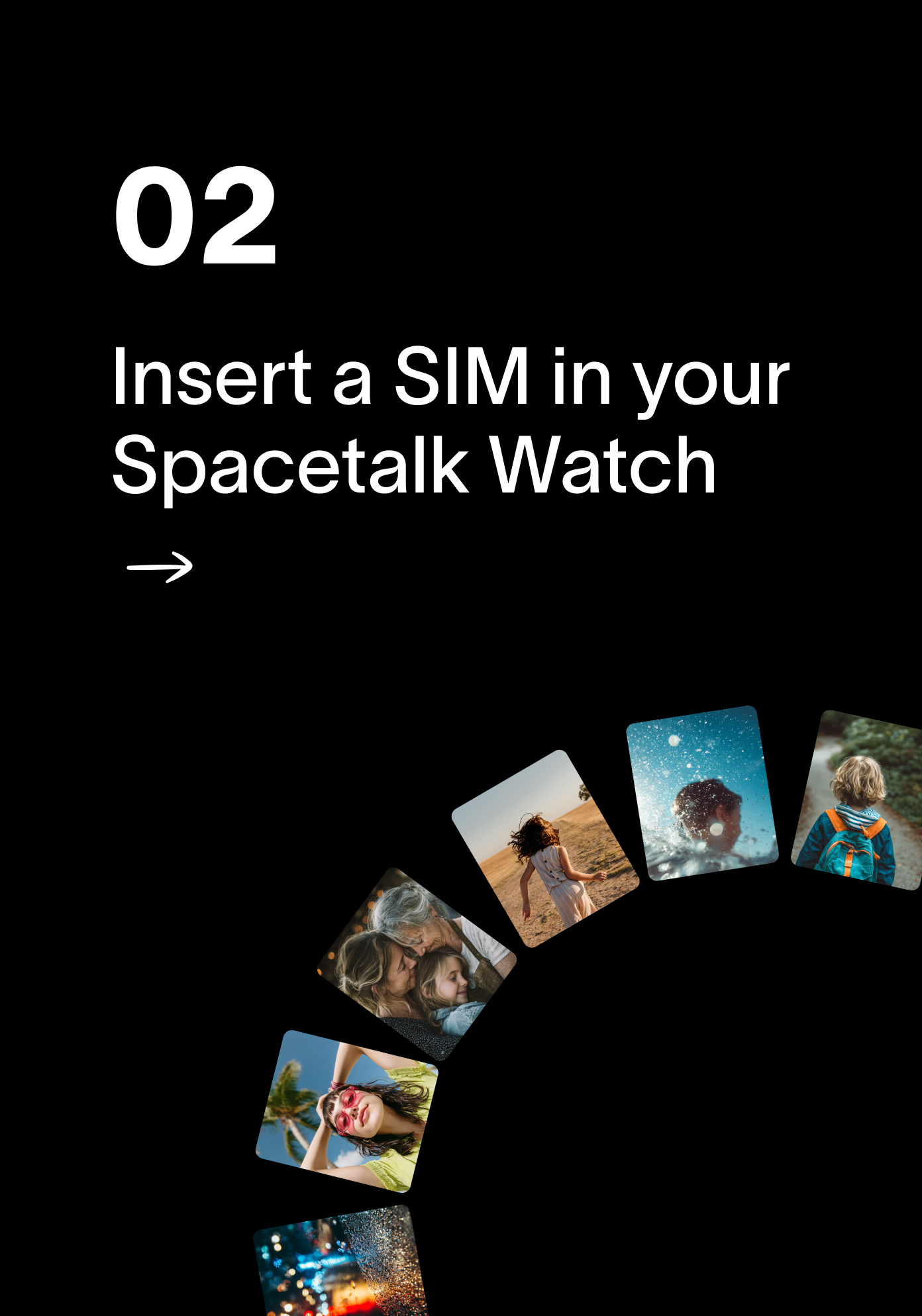 Vaihe 02: Aseta SIM-kortti Spacetalk-kelloosi, pieniä ihmiskuvia puoliympyrässä alapuolella.