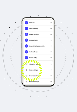 Smartphone screen with a menu, highlighting "Pair device with", "Watch settings", and "Rewards settings".