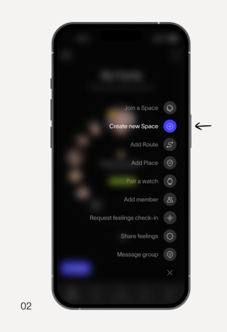 A smartphone displays an app menu, with an arrow pointing to the "Create new Space" option, featuring a blue circle with a plus sign icon.