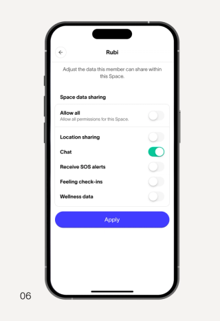 A smartphone displays data sharing settings for "Rubi," with a list of toggles, including "Chat" enabled in green.