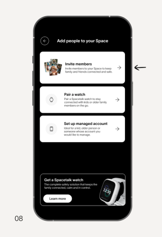 A smartphone displays an app screen titled 'Add people to your Space,' offering options to 'Invite members,' 'Pair a watch,' and 'Set up managed account,' along with an ad for a white Spacetalk watch.
