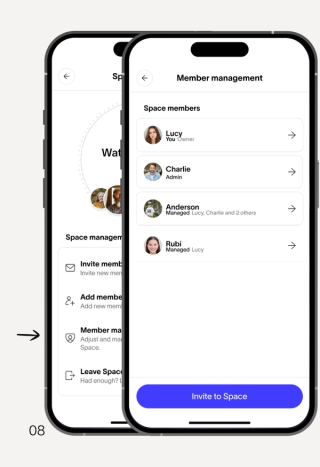 Two smartphone screens display an app for space and member management, showing a list of users with roles.