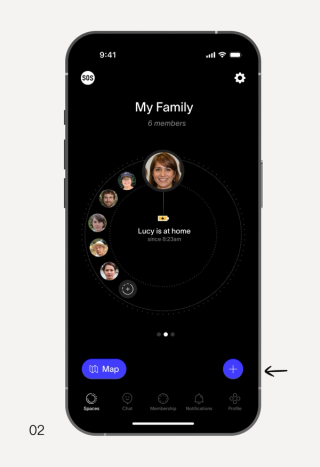 Black smartphone displaying a "My Family" app with Ruby's location marked "at school," on a gray background with a radar-like pattern and a vibrant green segmented circle overlay.