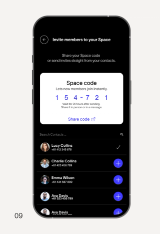 A mobile phone screen displays an app interface for inviting members to a "Space," showing a generated "Space code" (154-721) and a list of contacts with invite options.