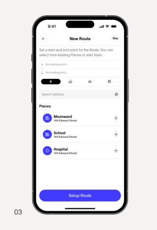 A mobile app screen displaying a "New Route" interface with input fields for start and end points, walking mode selected, and a list of suggested places.