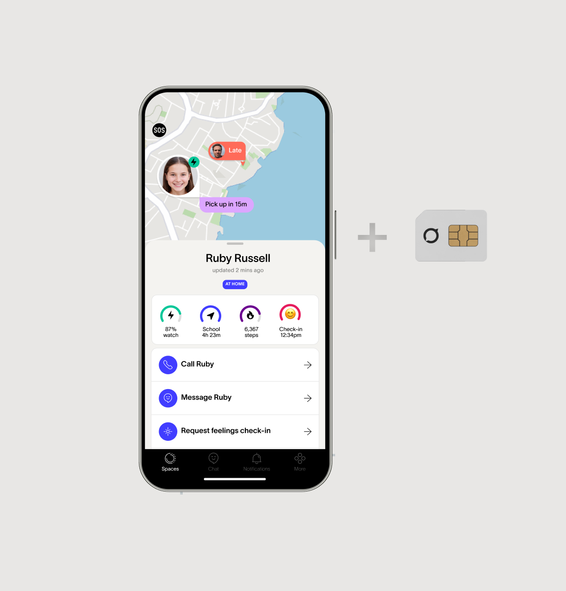 A smartphone displays a child-tracking app with location, health stats, and communication options, shown beside a plus sign and a SIM card.