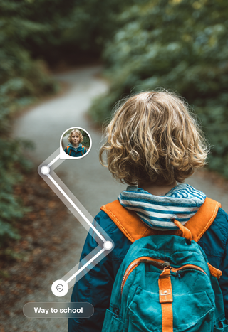 Rear view of a child with a backpack walking on a winding forest path, overlaid with a map-like graphic showing a profile picture of the child and "Way to schoool" text.