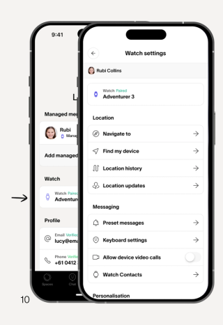 A smartphone displays a "Watch settings" screen with options for location tracking and messaging features for an "Adventurer 3" watch.