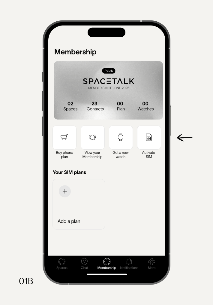 A smartphone screen displaying the SPACETALK membership app interface with various plan options, and an arrow pointing to "Activate new SIM" for a 10GB Watch Plan.