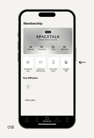 A smartphone screen displaying the SPACETALK membership app interface with various plan options, and an arrow pointing to "Activate new SIM" for a 10GB Watch Plan.